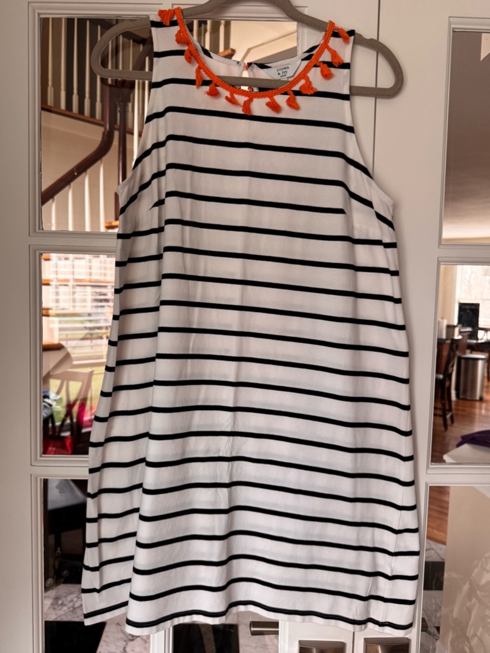Crown & Ivy Stripe Sleeveless Shift Dress Cover Up PM Med Fringe Tassel Nautical